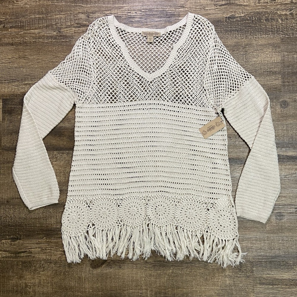 Nine West Cream Crochet Fringe Sweater Women's XL Boho Chic Fairy Grunge Coastal - Picture 2 of 16
